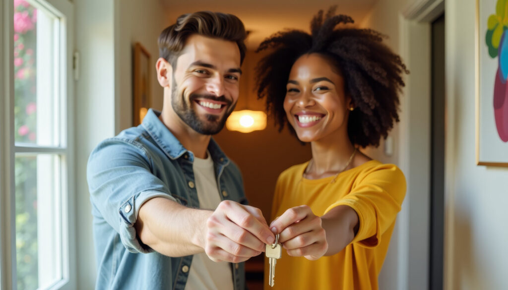 Smiling couple holding up the keys to their new home