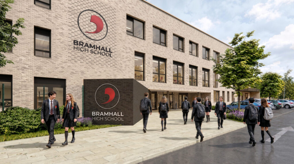 Artist's impression of the Bramhall High School rebuild, showing the new three-storey brick building and main entrance with pupils