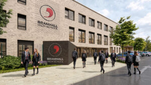 Artist's impression of the Bramhall High School rebuild, showing the new three-storey brick building and main entrance with pupils